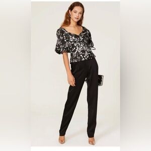 JONATHAN SIMKHAI - Taylor Wrap Top - Size 10 - Black and Silver Puff Sleeve